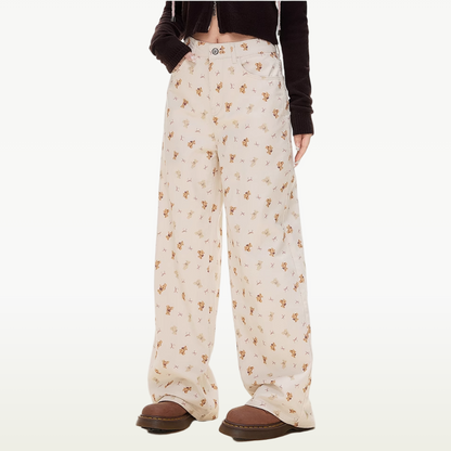 Bear Print Cotton Wide Leg Pants