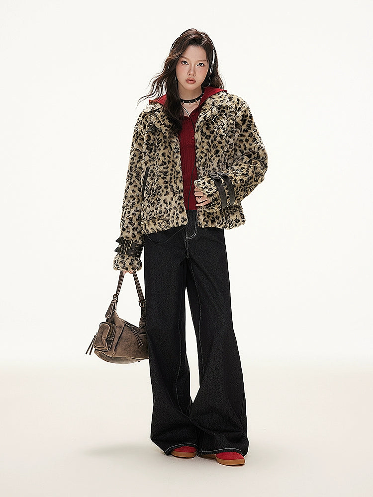 Leopard Print Faux Fur Buckle Jacket