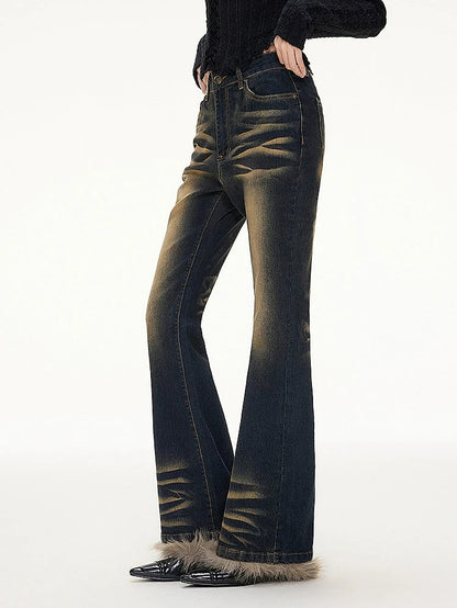 High Waist Faded Faux Fur Hem Bootcut Jeans