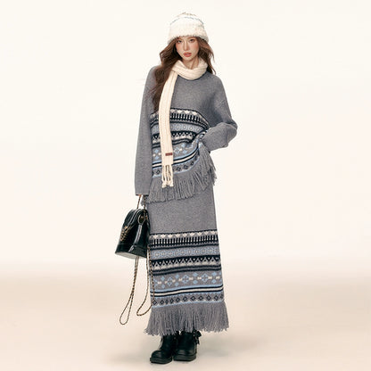 Cozy Sweater and Striped Fringe Skirt Two-Piece Set