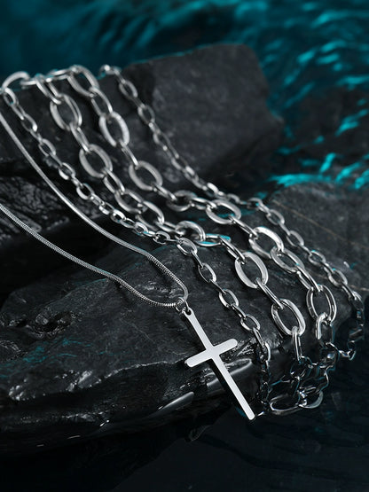 Titanium Steel Multi-Layer Cross Pendant Necklace