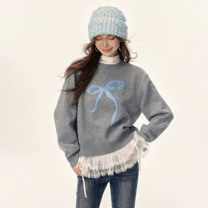 Girly Bow Jacquard Crew Neck Sweater