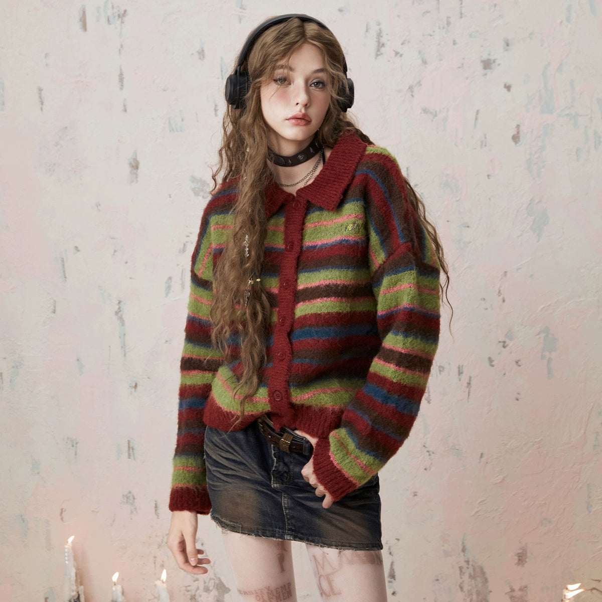 Red and Green Striped Loose Polo Neck Knit Cardigan