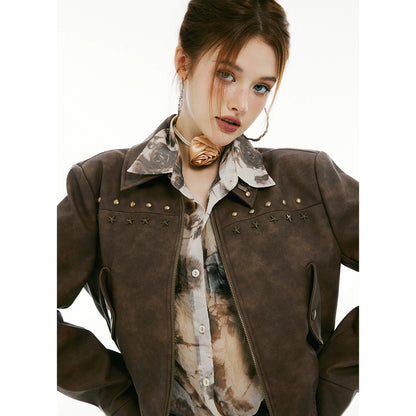 Retro Studded Faux Leather Cropped Jacket