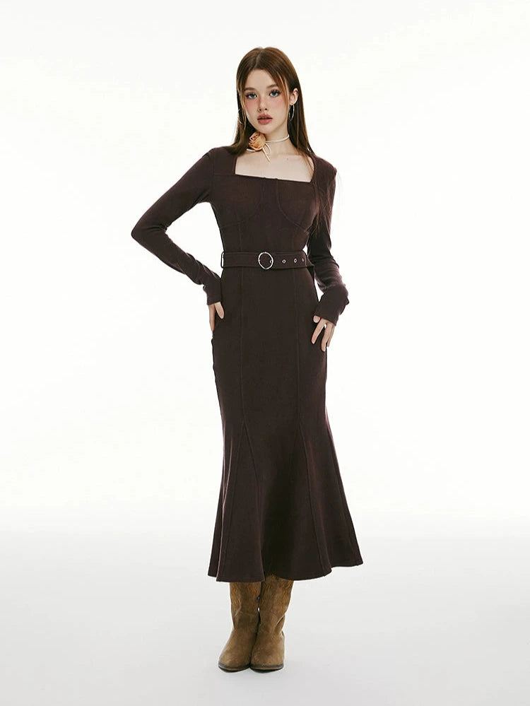 Belted Square Neck Long Sleeve Fishtail Dress