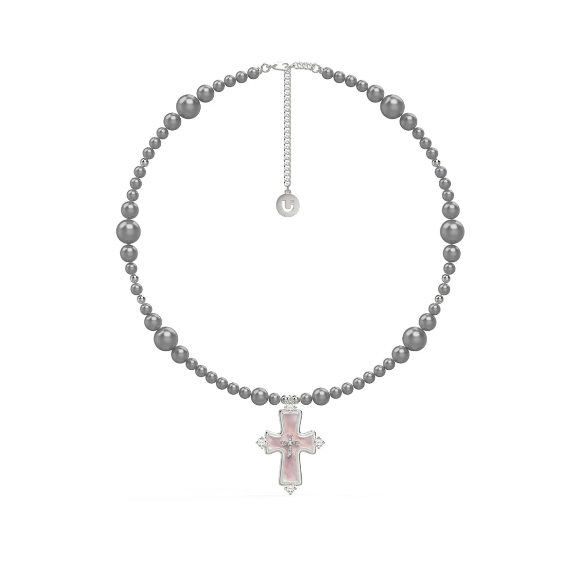 Gray Pearl Bead Necklace with Pink Cross Pendant