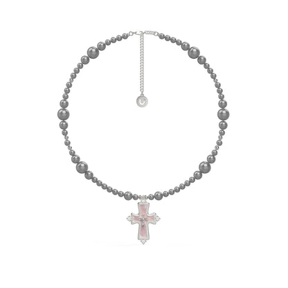 Gray Pearl Bead Necklace with Pink Cross Pendant