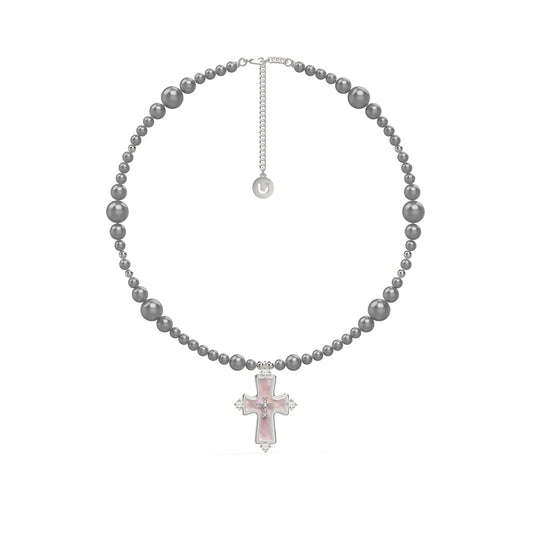 Gray Pearl Bead Necklace with Pink Cross Pendant