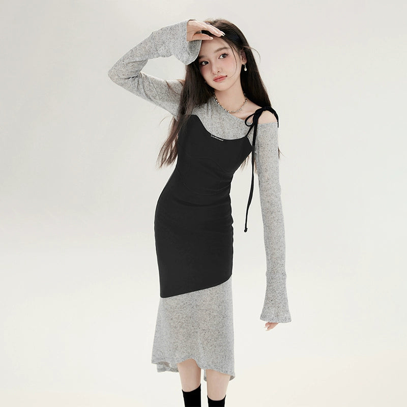 Black and Gray Slim-Fit Knitted Asymmetrical Dress with Shoulder Tie Detail