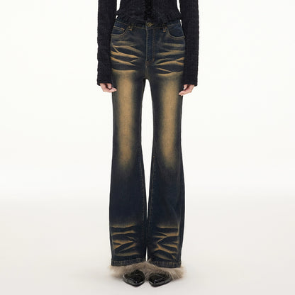 High Waist Faded Faux Fur Hem Bootcut Jeans