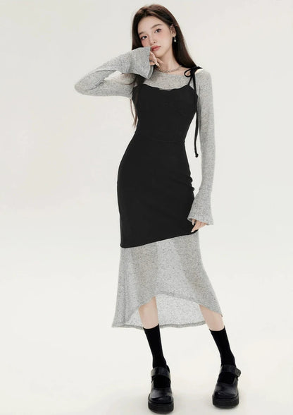 Black and Gray Slim-Fit Knitted Asymmetrical Dress with Shoulder Tie Detail