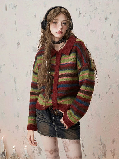 Red and Green Striped Loose Polo Neck Knit Cardigan