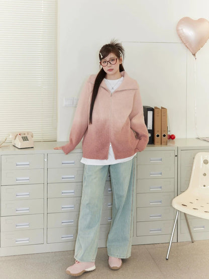 Gradient Two-Way Zip-Up Knit Cardigan