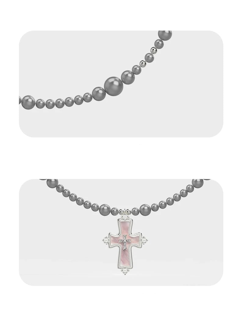 Gray Pearl Bead Necklace with Pink Cross Pendant