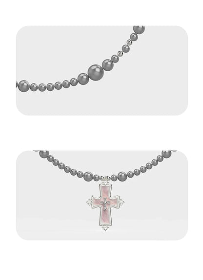 Gray Pearl Bead Necklace with Pink Cross Pendant