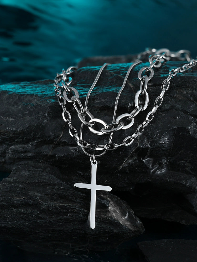 Titanium Steel Multi-Layer Cross Pendant Necklace