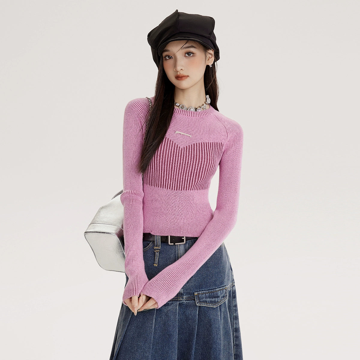 Crew Neck Vintage Style Slim-Fit Knit Top