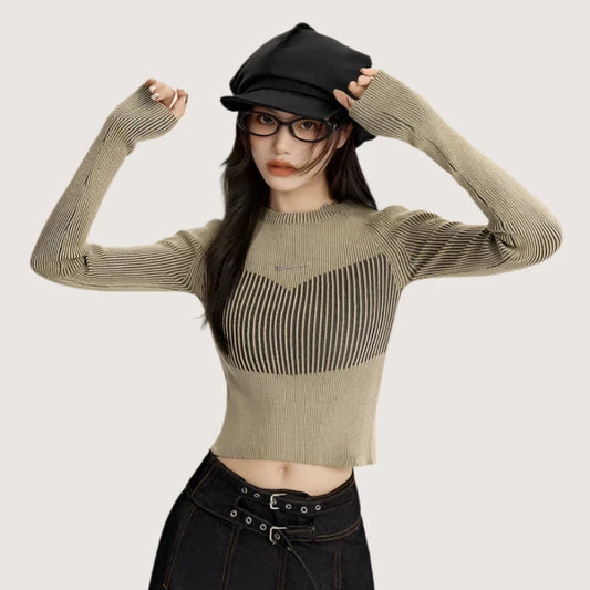 Crew Neck Vintage Style Slim-Fit Knit Top