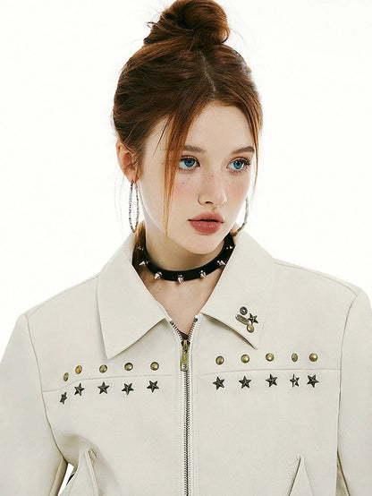 Retro Studded Faux Leather Cropped Jacket