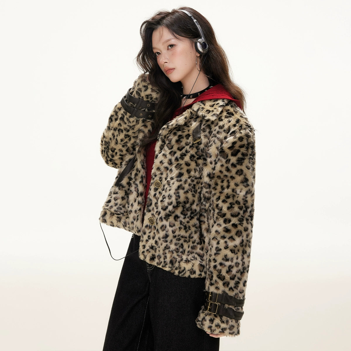 Leopard Print Faux Fur Buckle Jacket