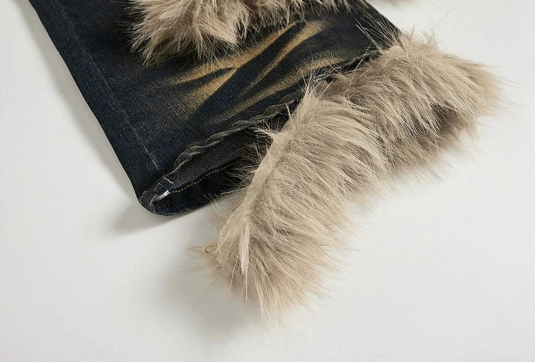 High Waist Faded Faux Fur Hem Bootcut Jeans