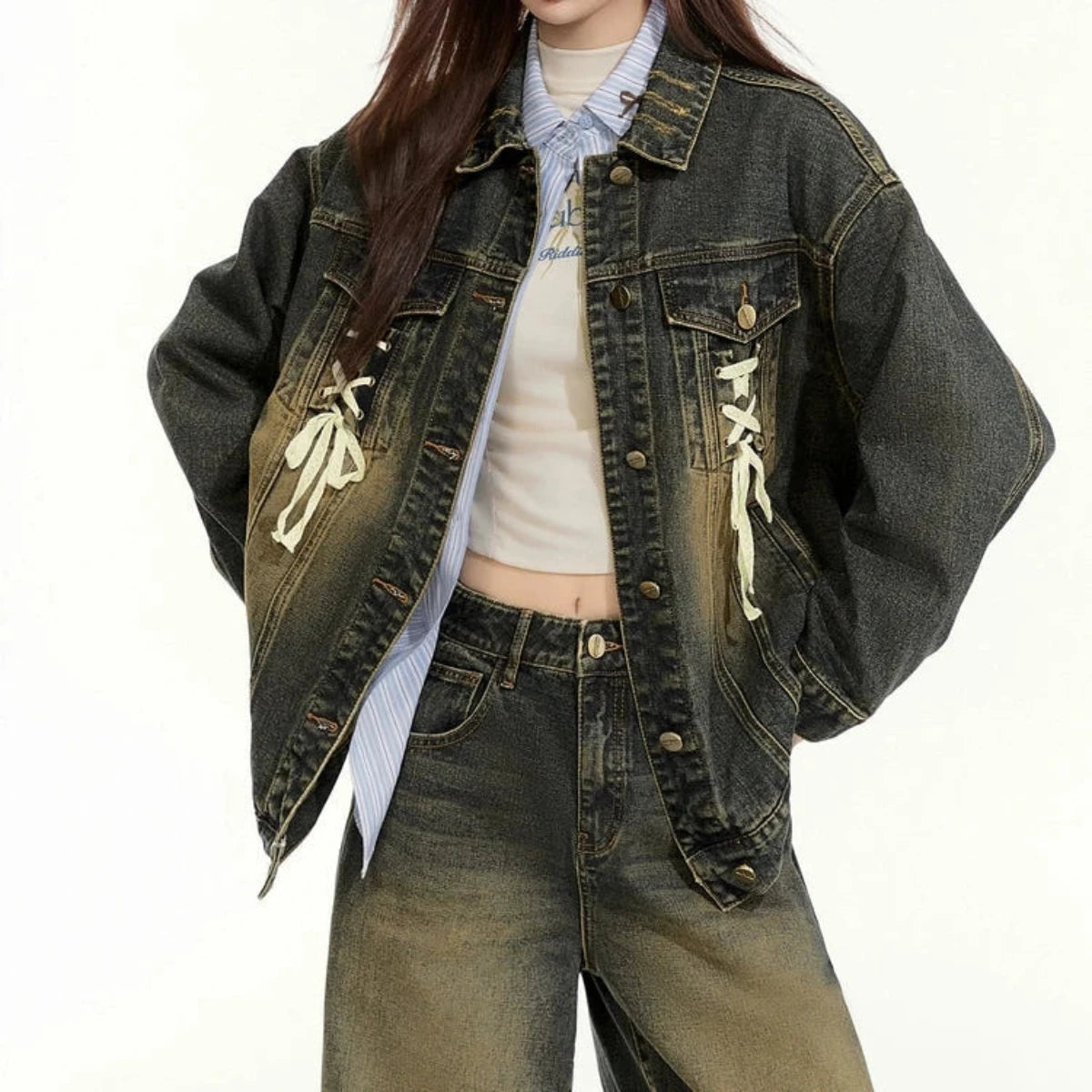 Vintage Washed Denim Loose Jacket & High-Waisted Straight Pants