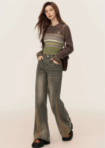 Vintage Two Tone Split Detail Flare Jeans