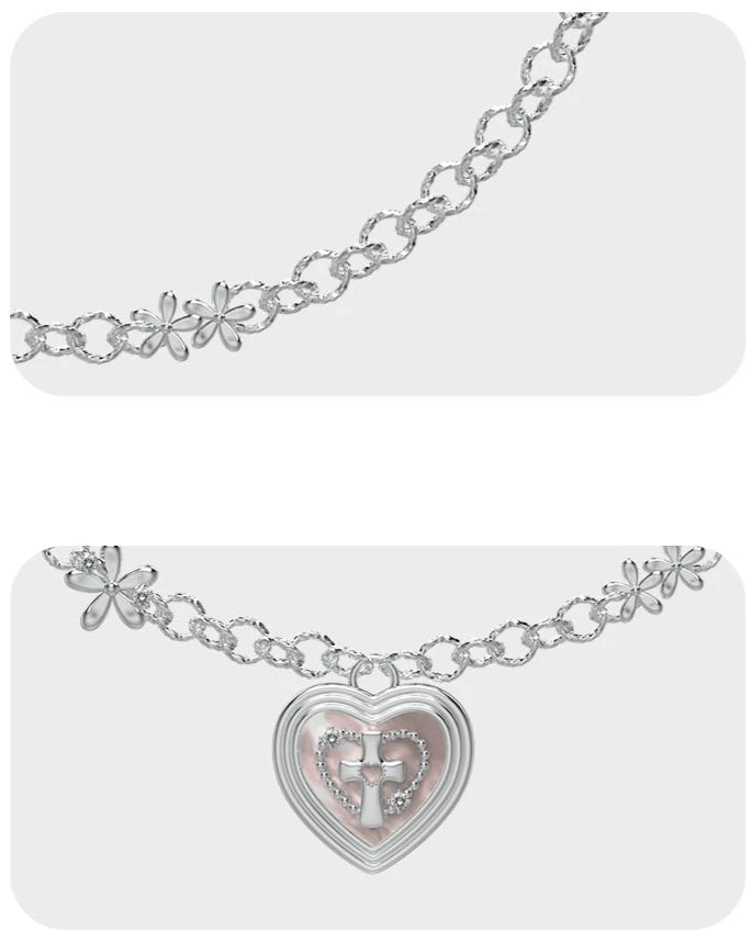 Love Cross Heart Pendant Necklace with Flower Charm