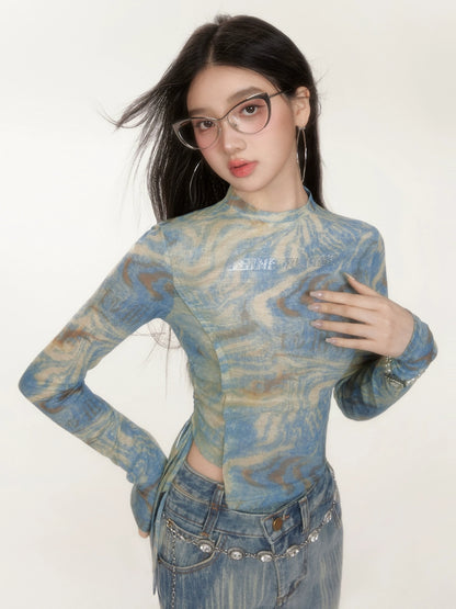 Tie Dye Floral Long Sleeve Slim Fit Crop Top