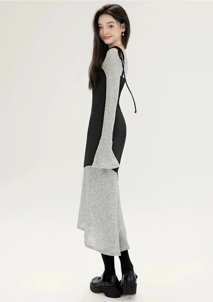 Black and Gray Slim-Fit Knitted Asymmetrical Dress with Shoulder Tie Detail