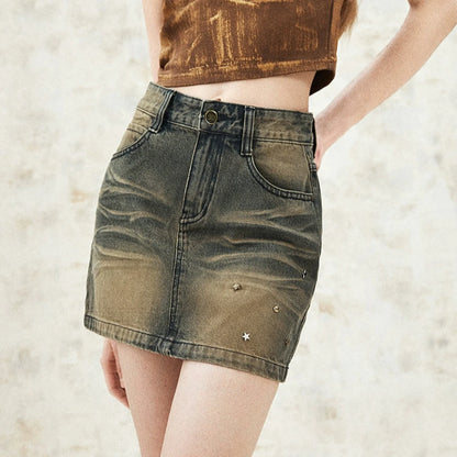 Retro Distressed High-Waisted Denim Skirt