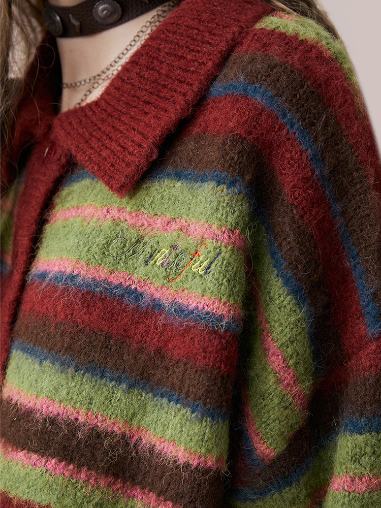 Red and Green Striped Loose Polo Neck Knit Cardigan