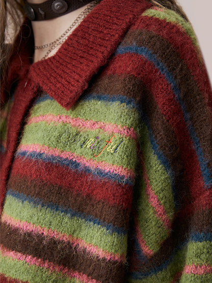 Red and Green Striped Loose Polo Neck Knit Cardigan