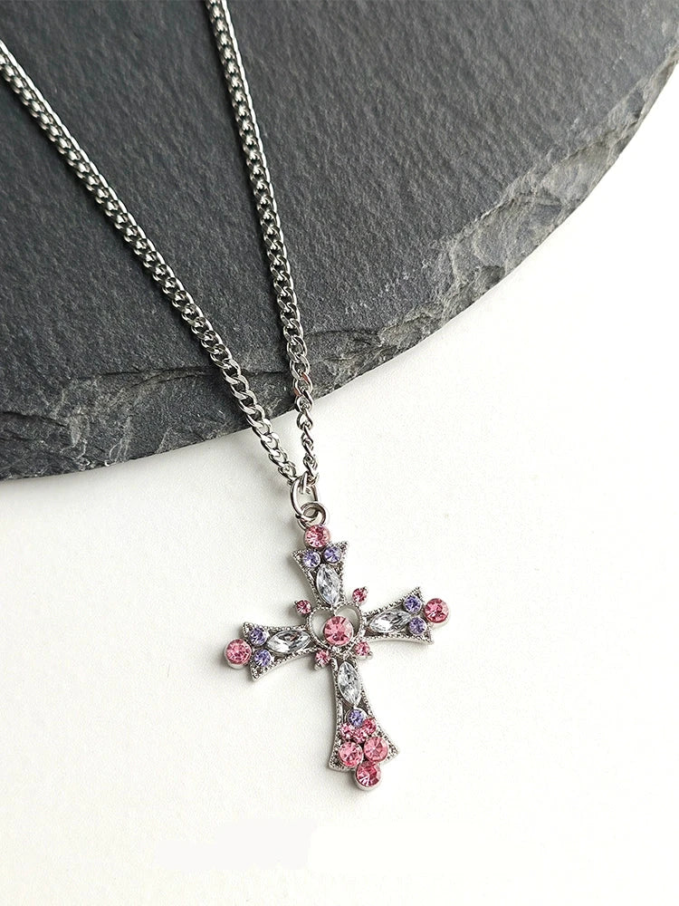 Pink-Purple Gemstone Cross Pendant Titanium Steel Necklace