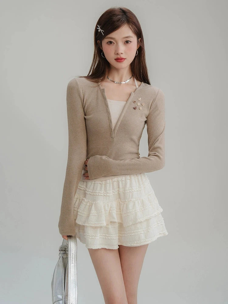 High Waist Ruffle Mini Sweater Skirt