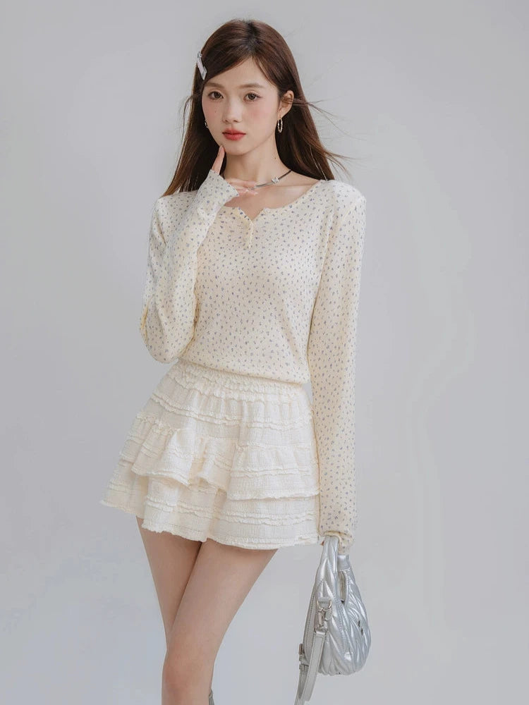 High Waist Ruffle Mini Sweater Skirt