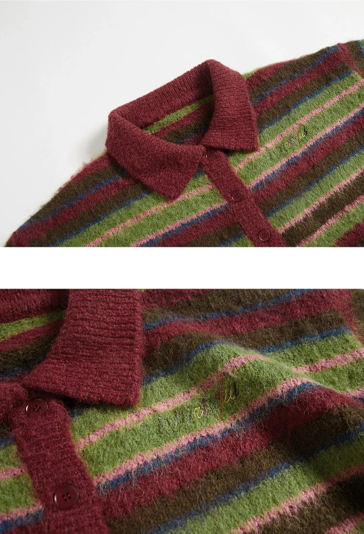 Red and Green Striped Loose Polo Neck Knit Cardigan