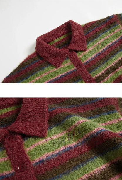 Red and Green Striped Loose Polo Neck Knit Cardigan