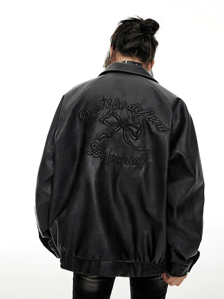 Embroidered Faux Leather Bomber Jacket