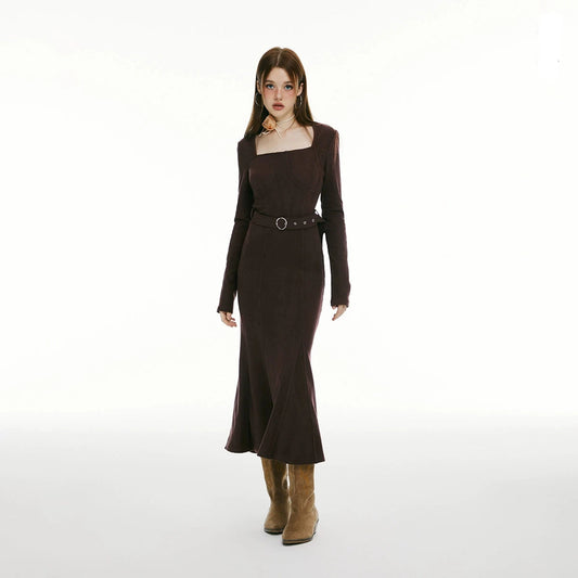 Belted Square Neck Long Sleeve Fishtail Dress