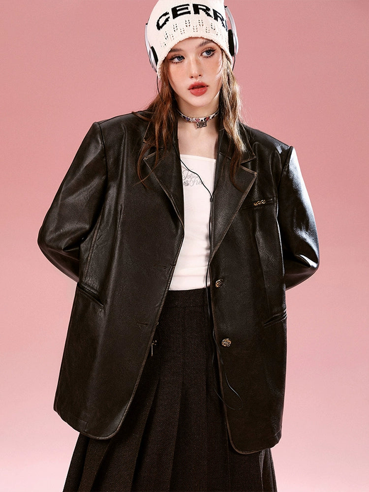 Oversized Faux Leather Blazer with Lapel Detail