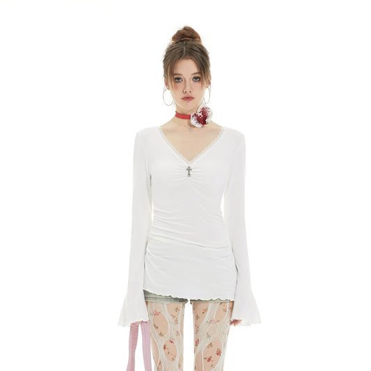 Lace V-Neck Long Sleeve Top with Cross Pendant