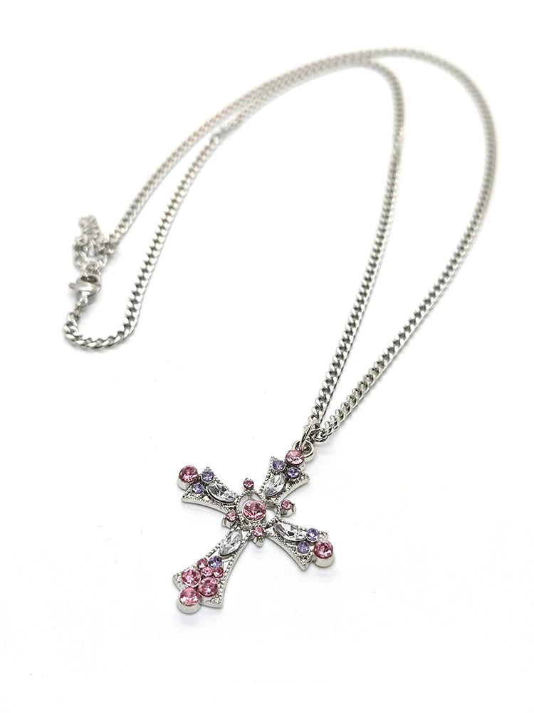 Pink-Purple Gemstone Cross Pendant Titanium Steel Necklace