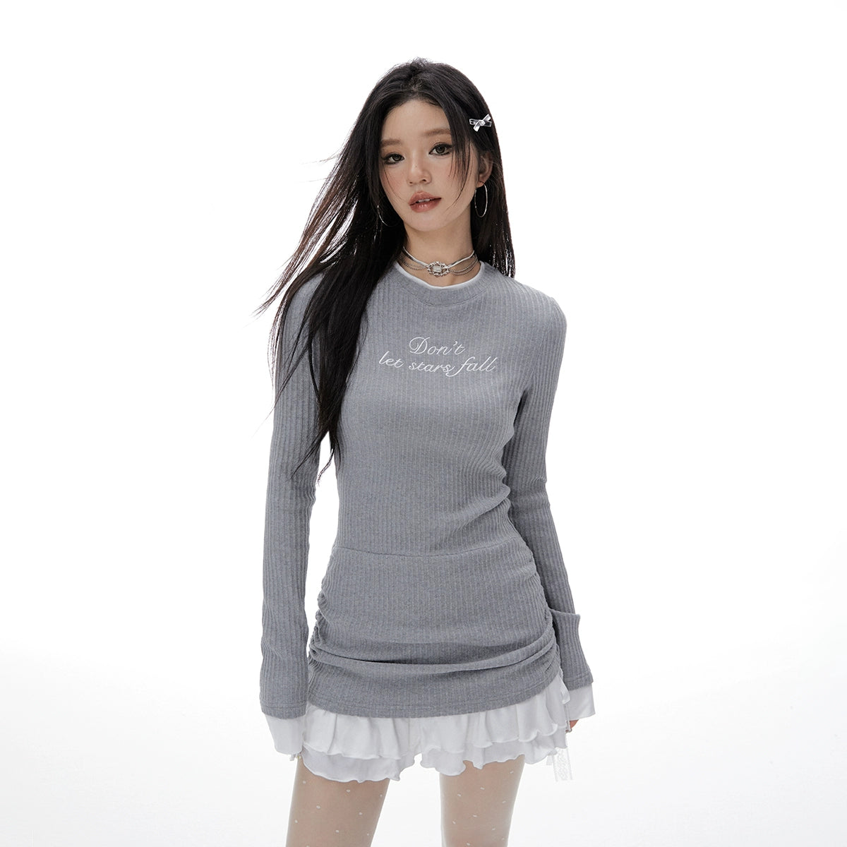 Shirred Bodycon Knit Mini Dress with Ribbon and Frill Detail