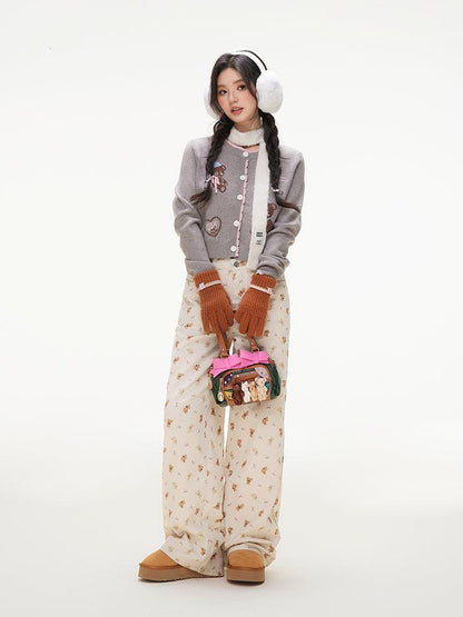 Bear Print Cotton Wide Leg Pants