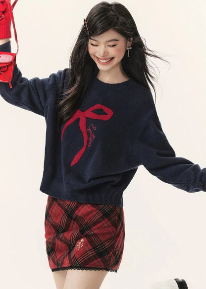 Girly Bow Jacquard Crew Neck Sweater