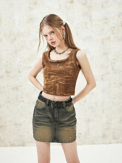 Retro Distressed High-Waisted Denim Skirt