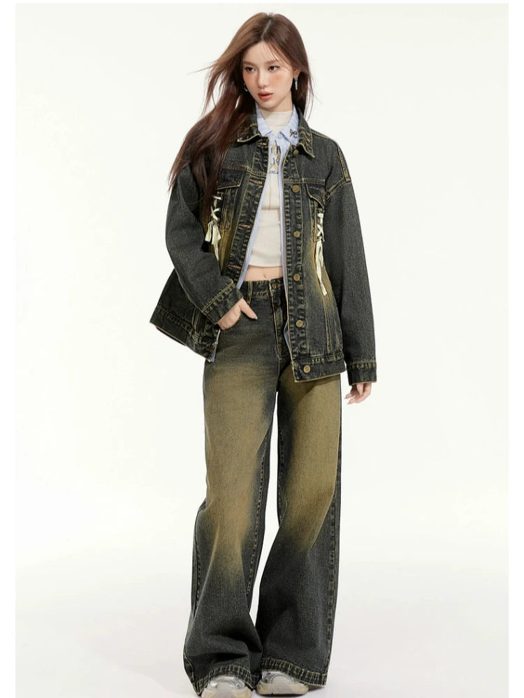 Vintage Washed Denim Loose Jacket & High-Waisted Straight Pants