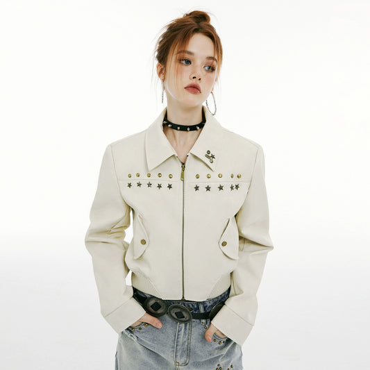 Retro Studded Faux Leather Cropped Jacket