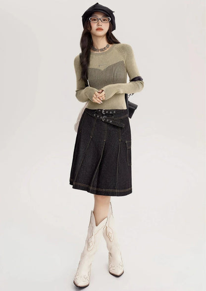 Crew Neck Vintage Style Slim-Fit Knit Top